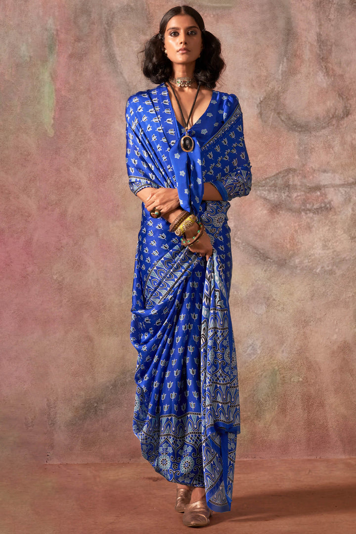 Tory Blue Ajarkh Printed Satin Georgette Silk Saree