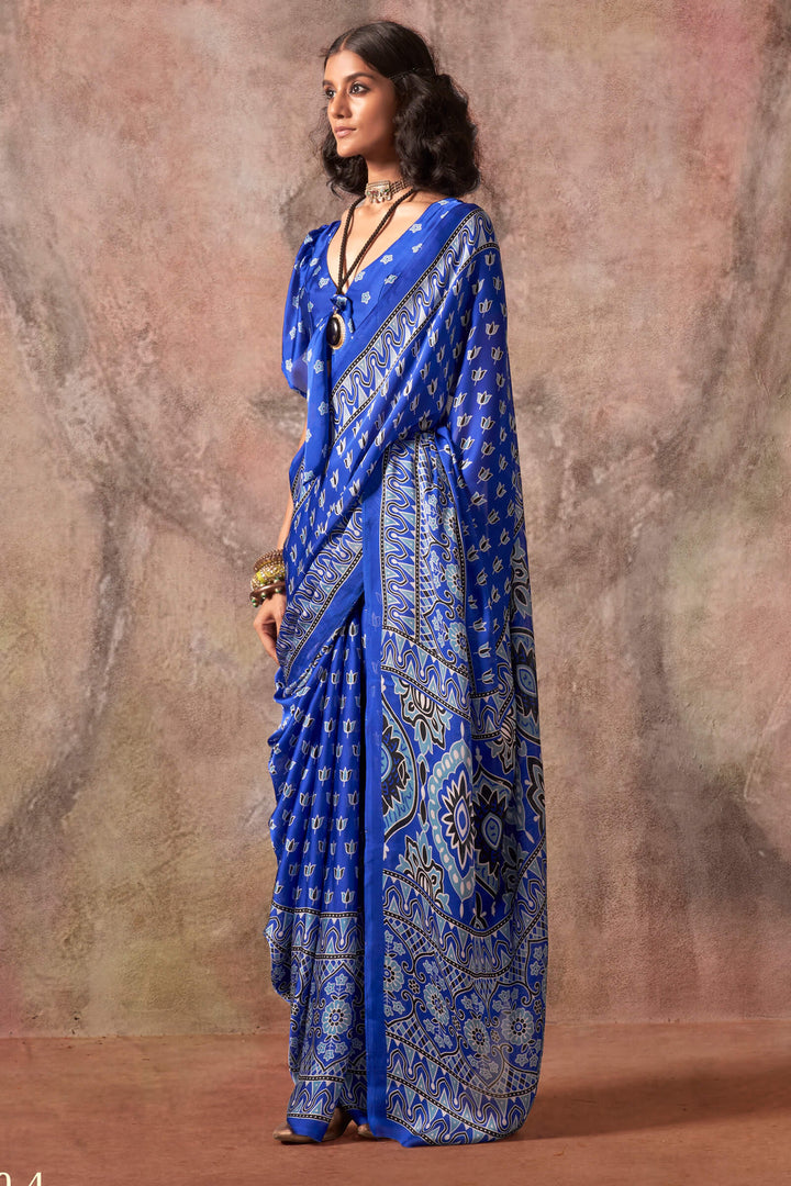 Tory Blue Ajarkh Printed Satin Georgette Silk Saree