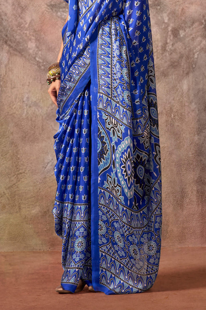 Tory Blue Ajarkh Printed Satin Georgette Silk Saree
