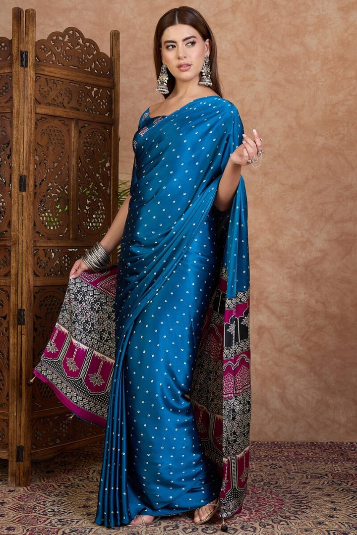 Tory Blue Ajrakh Printed Satin Silk Saree