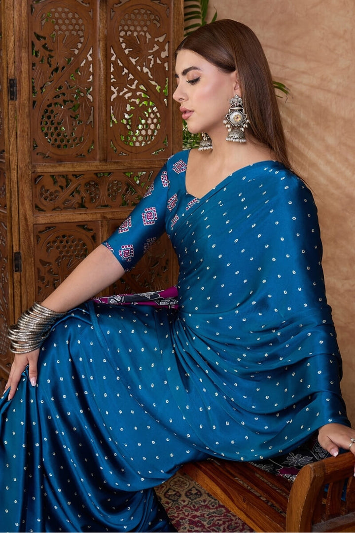 Tory Blue Ajrakh Printed Satin Silk Saree