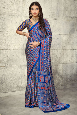 Tory Blue Printed Semi Modal Satin Silk Saree
