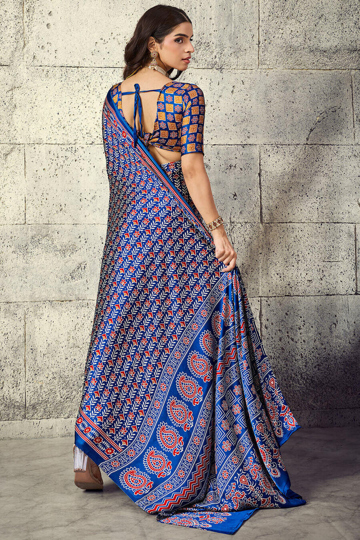 Tory Blue Printed Semi Modal Satin Silk Saree