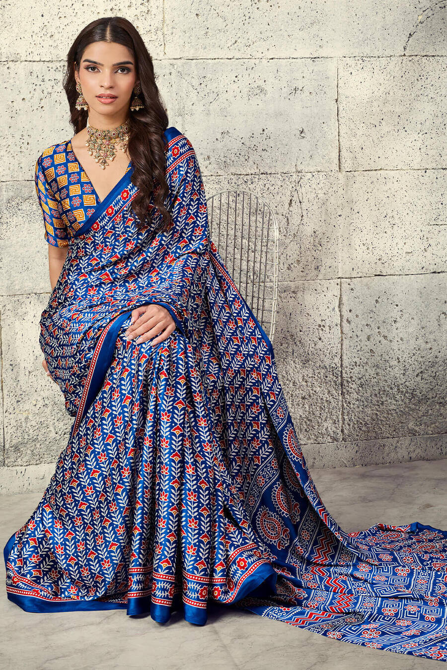 Tory Blue Printed Semi Modal Satin Silk Saree