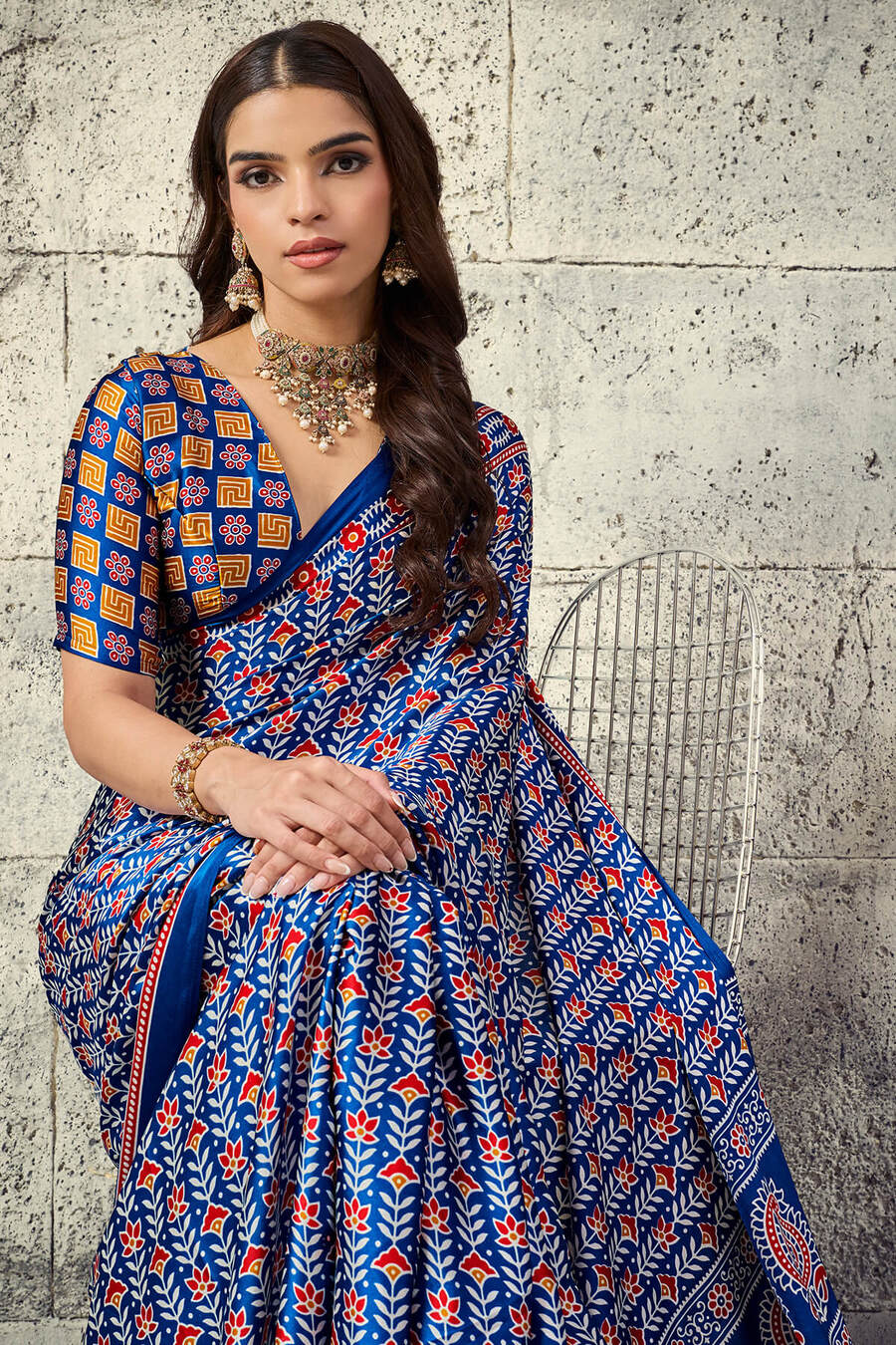 Tory Blue Printed Semi Modal Satin Silk Saree