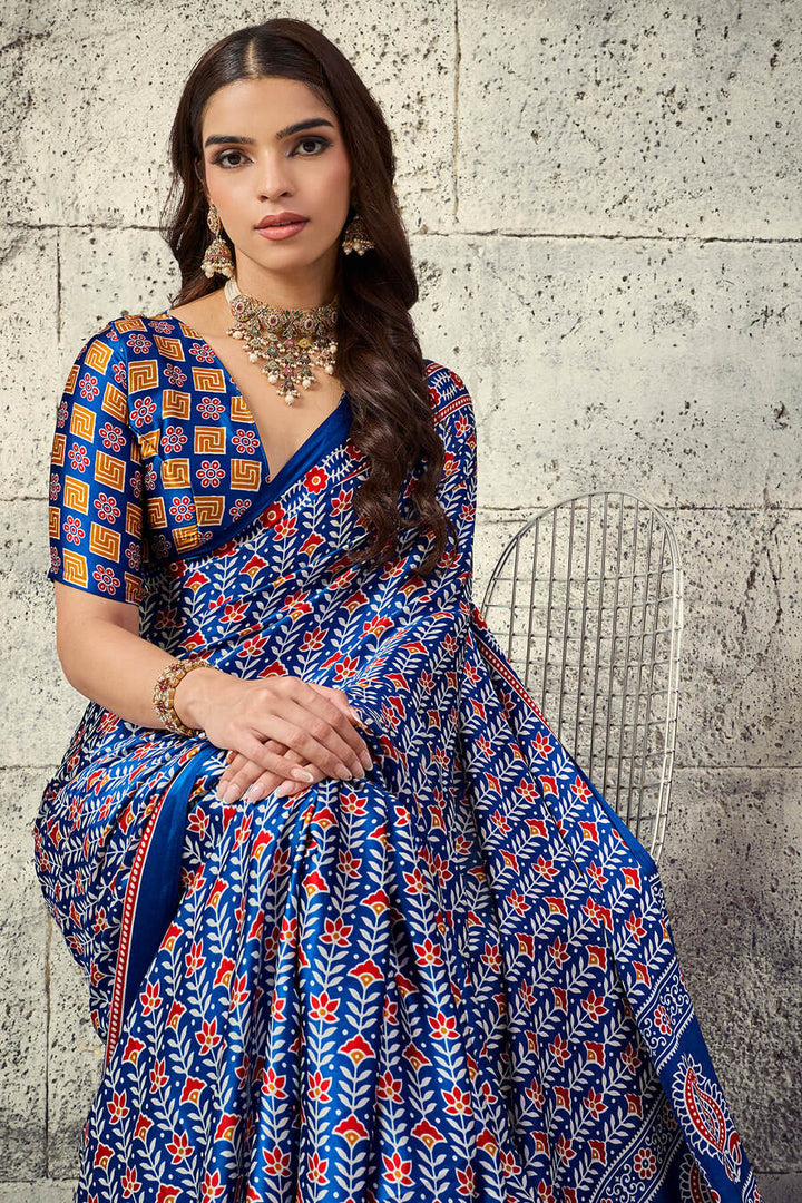 Tory Blue Printed Semi Modal Satin Silk Saree