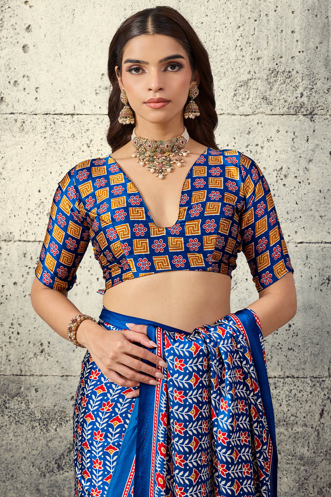 Tory Blue Printed Semi Modal Satin Silk Saree