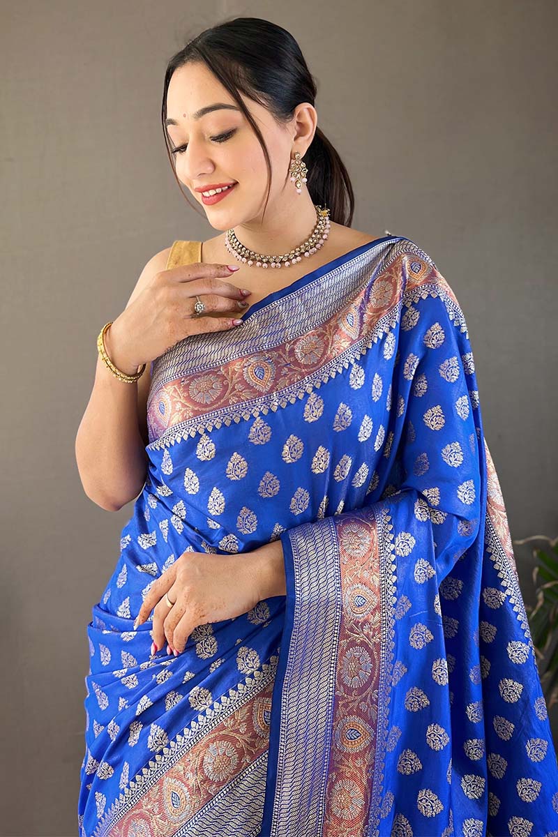 Tory Blue Zari Woven Banarasi Silk Saree