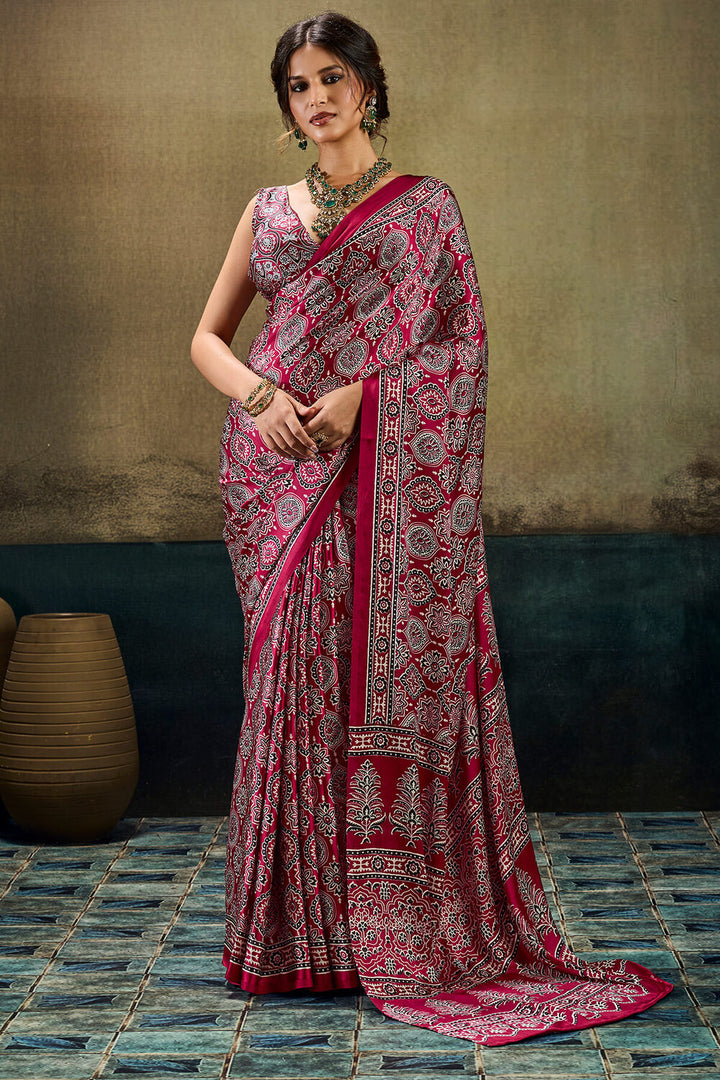 Tosca Marron Ajrakh Printed Semi Modal Satin Silk Saree