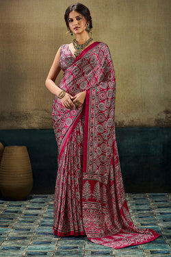 Tosca Marron Ajrakh Printed Semi Modal Satin Silk Saree