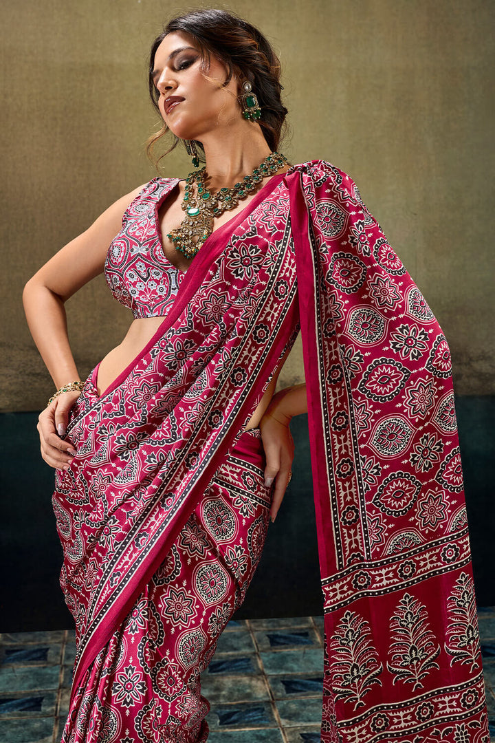 Tosca Marron Ajrakh Printed Semi Modal Satin Silk Saree