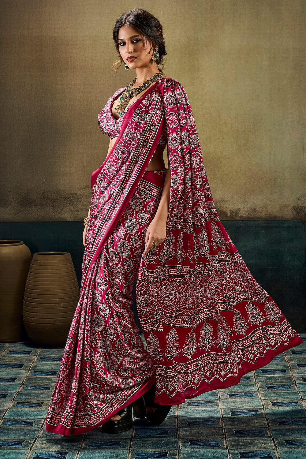 Tosca Marron Ajrakh Printed Semi Modal Satin Silk Saree