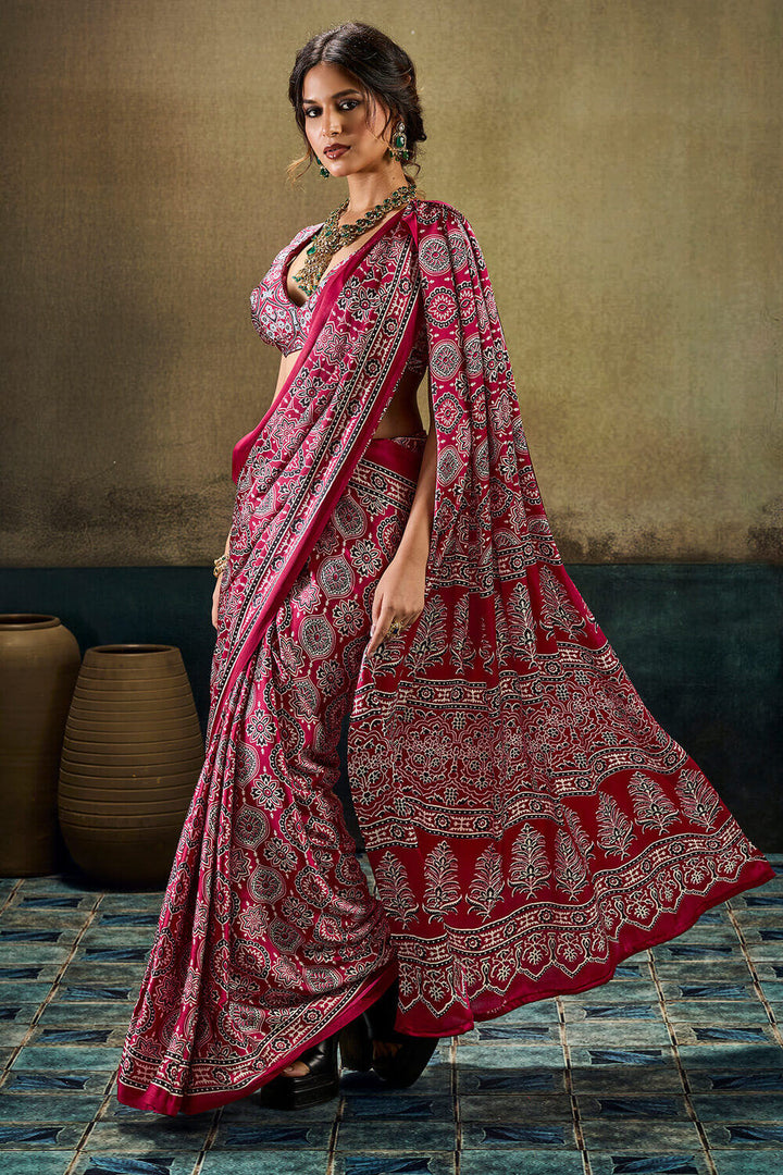 Tosca Marron Ajrakh Printed Semi Modal Satin Silk Saree