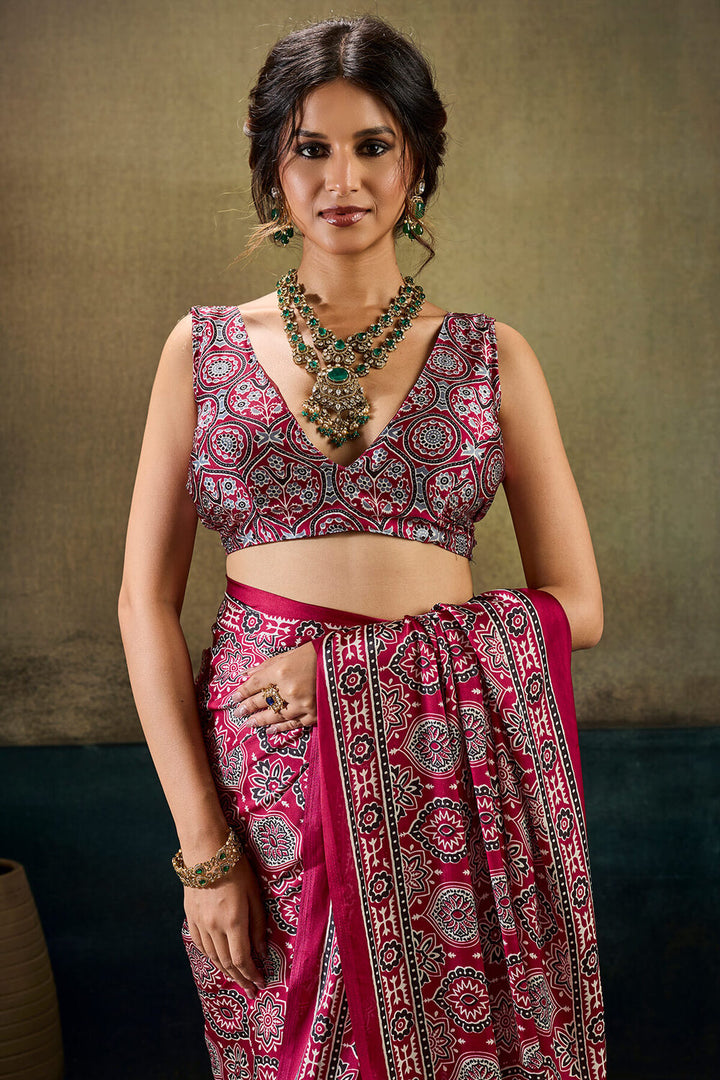 Tosca Marron Ajrakh Printed Semi Modal Satin Silk Saree