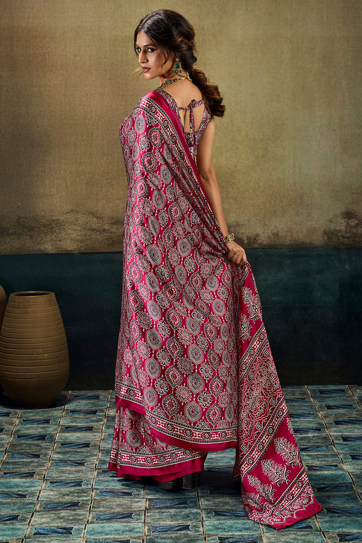 Tosca Marron Ajrakh Printed Semi Modal Satin Silk Saree