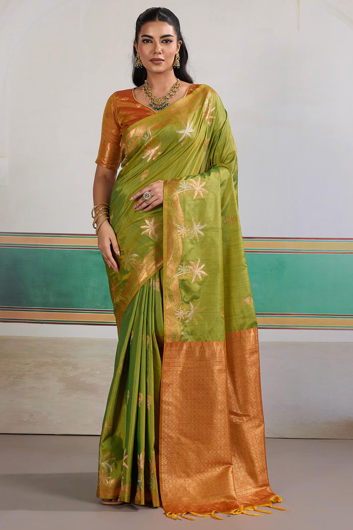 Trendy Green Banarasi Tussar Silk Saree
