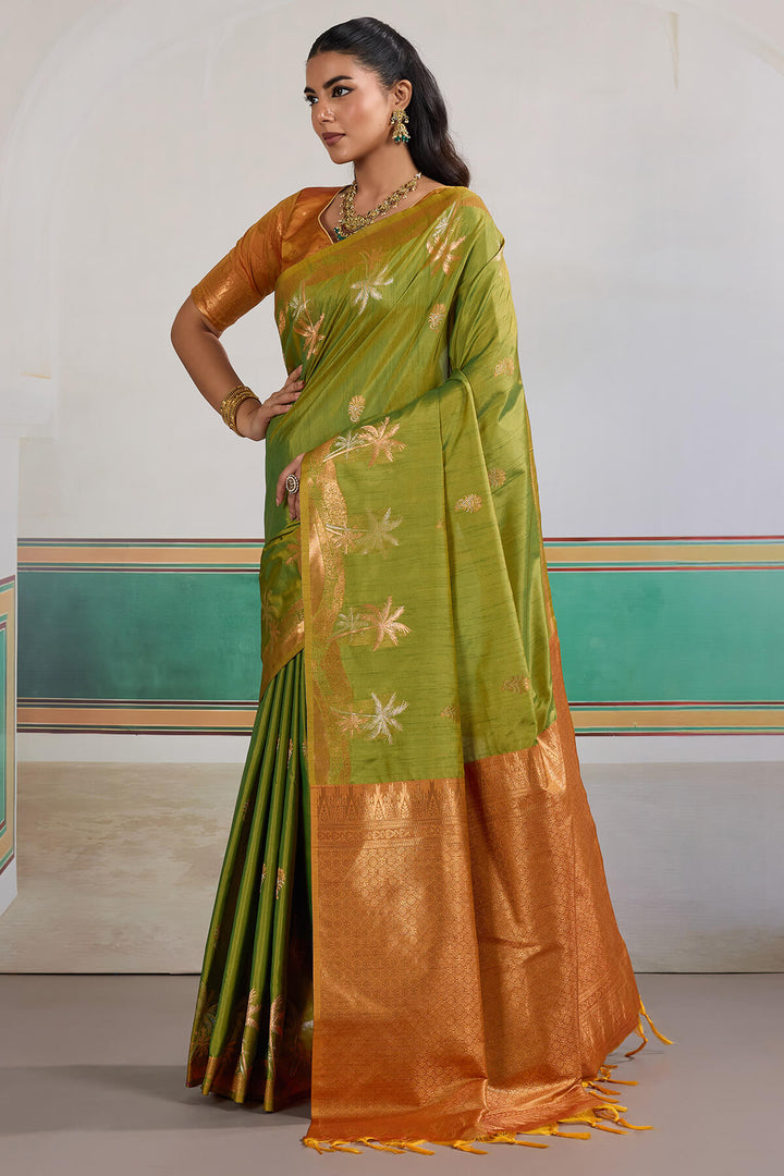 Trendy Green Banarasi Tussar Silk Saree