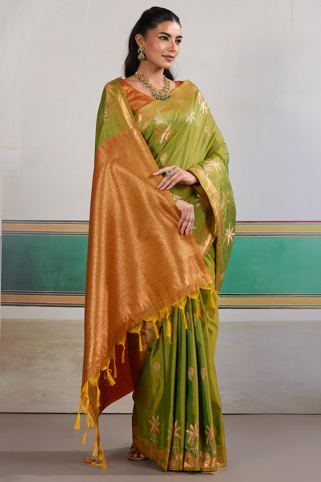 Trendy Green Banarasi Tussar Silk Saree