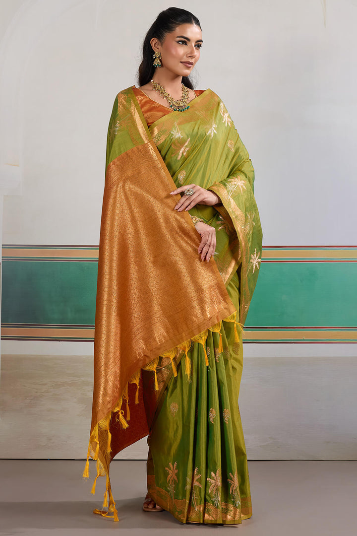 Trendy Green Banarasi Tussar Silk Saree