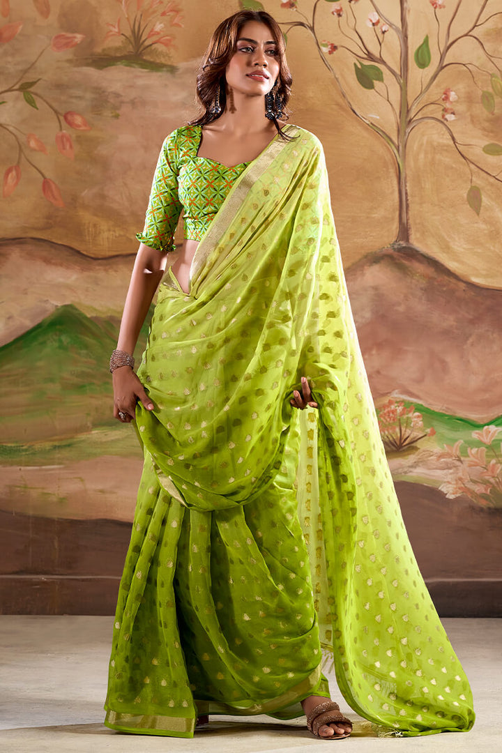 Trendy Green Georgette Banarasi Silk Saree