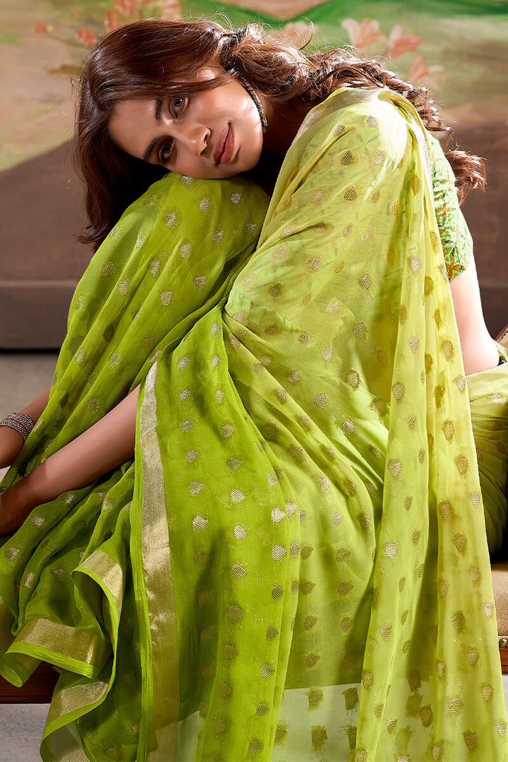 Trendy Green Georgette Banarasi Silk Saree