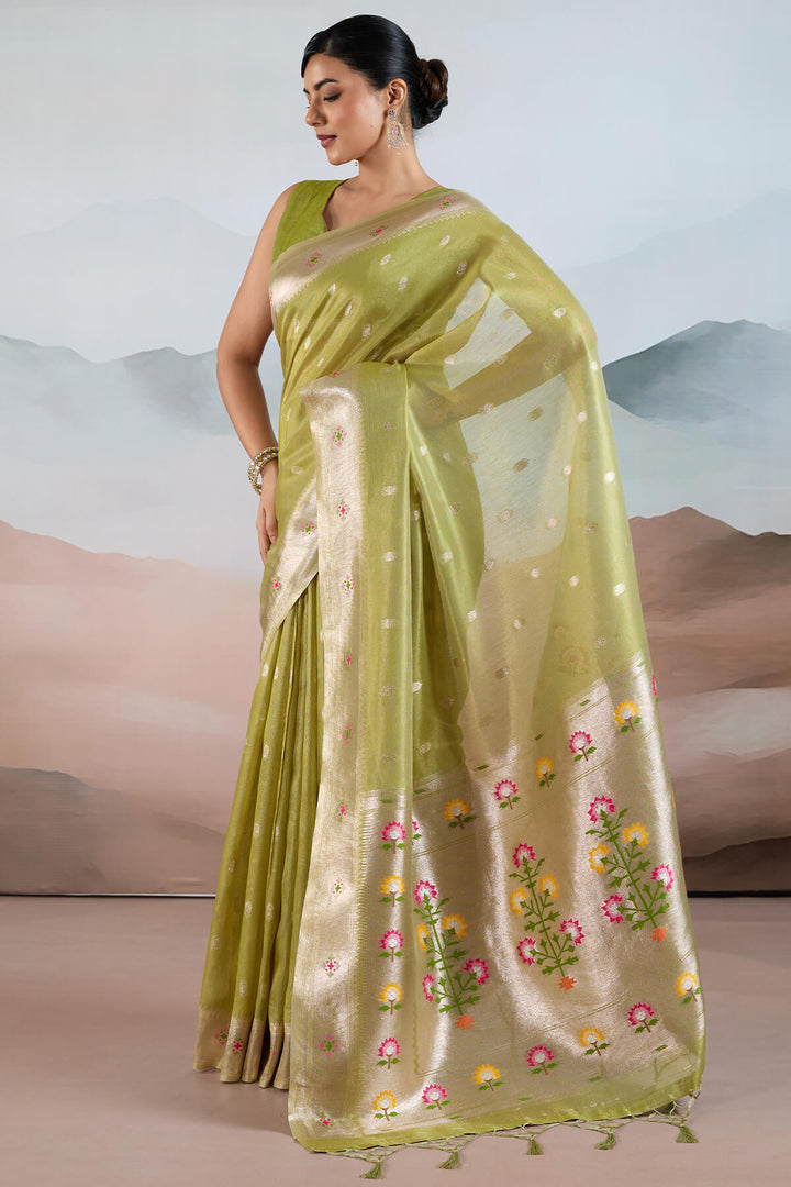Trendy Green Paithani Tissue Silk Saree