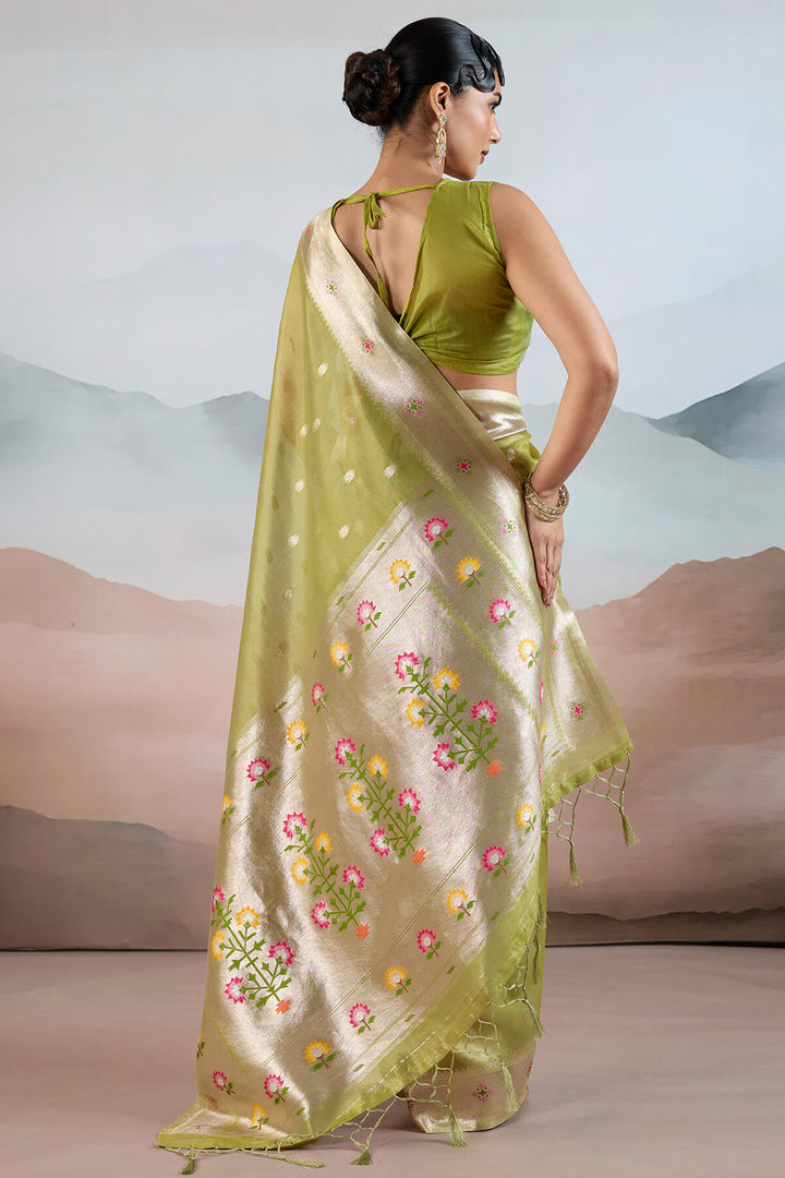 Trendy Green Paithani Tissue Silk Saree