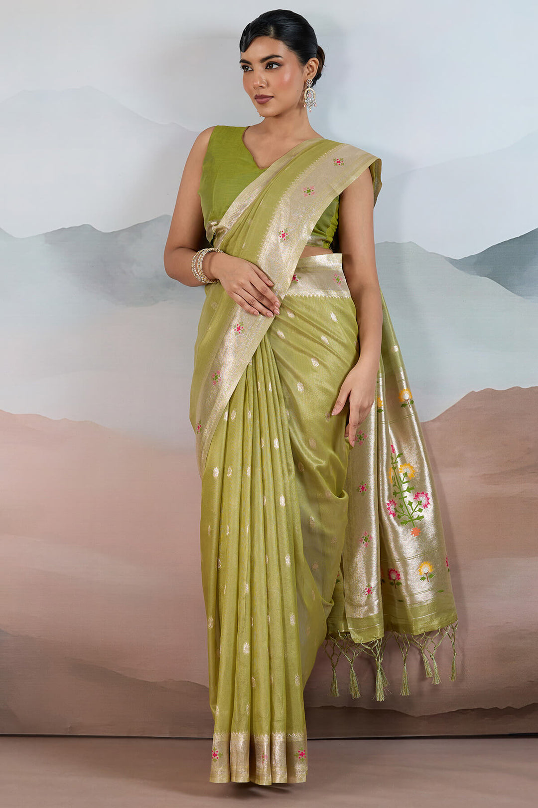 Trendy Green Paithani Tissue Silk Saree