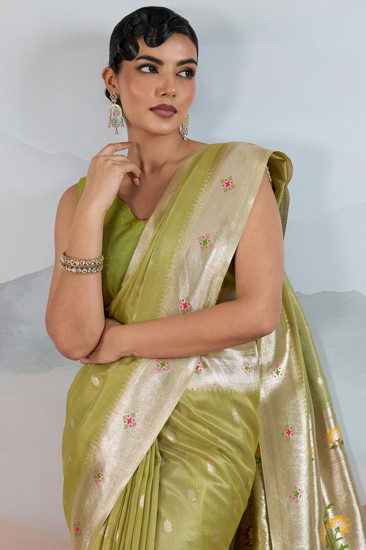 Trendy Green Paithani Tissue Silk Saree