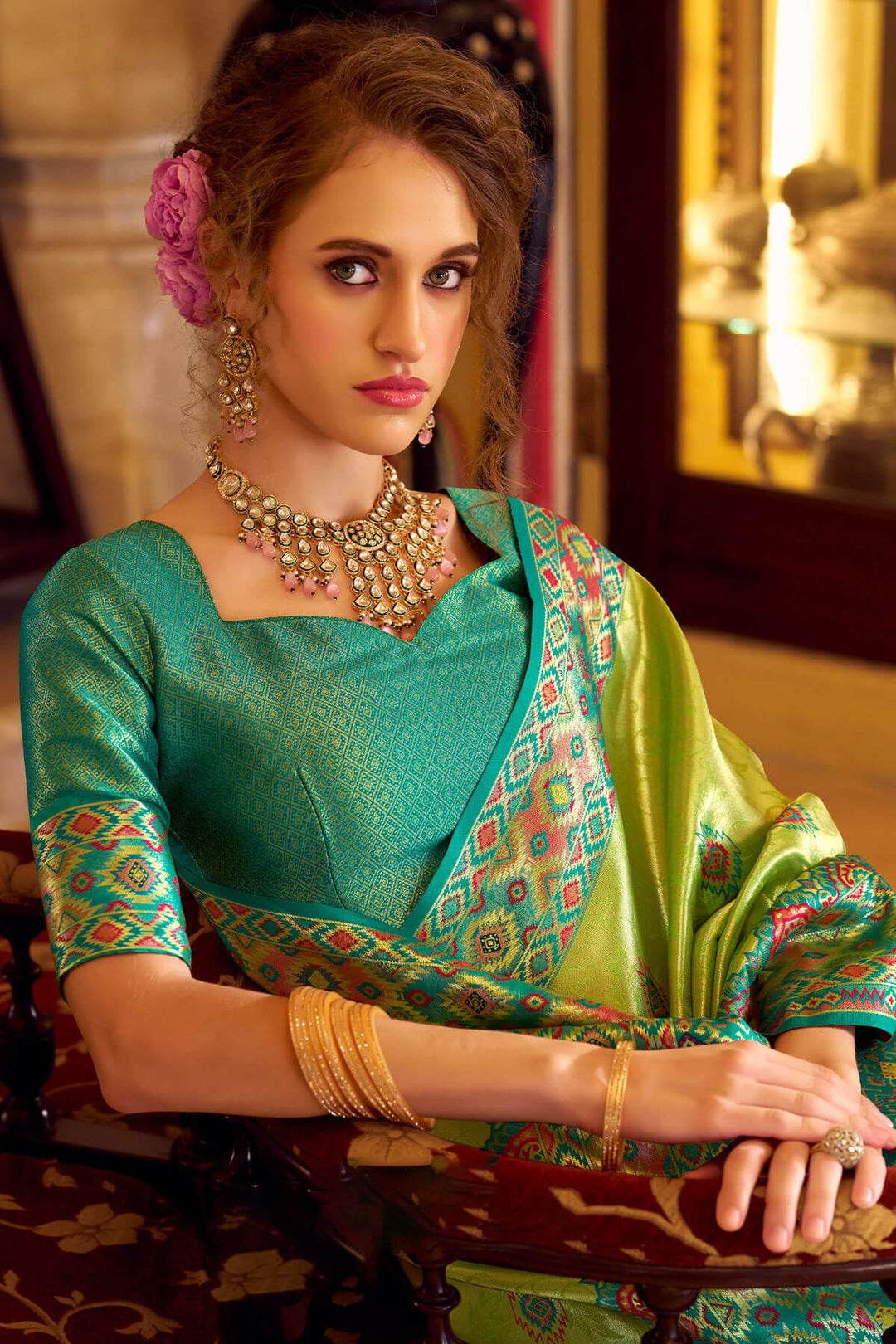 Trendy Green Patola Tissue Silk Saree