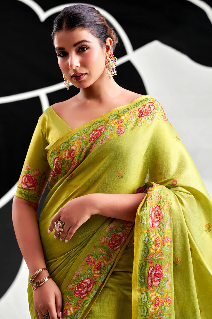 Trendy Green Zari Woven Banarasi Tissue Silk Saree