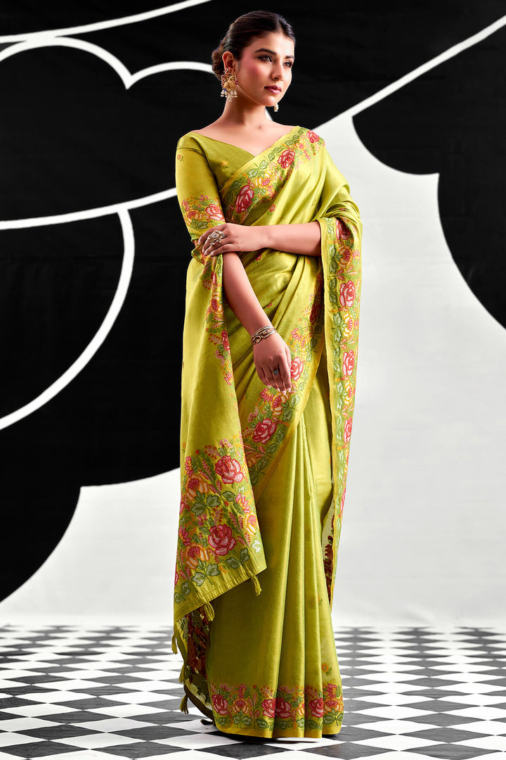 Trendy Green Zari Woven Banarasi Tissue Silk Saree
