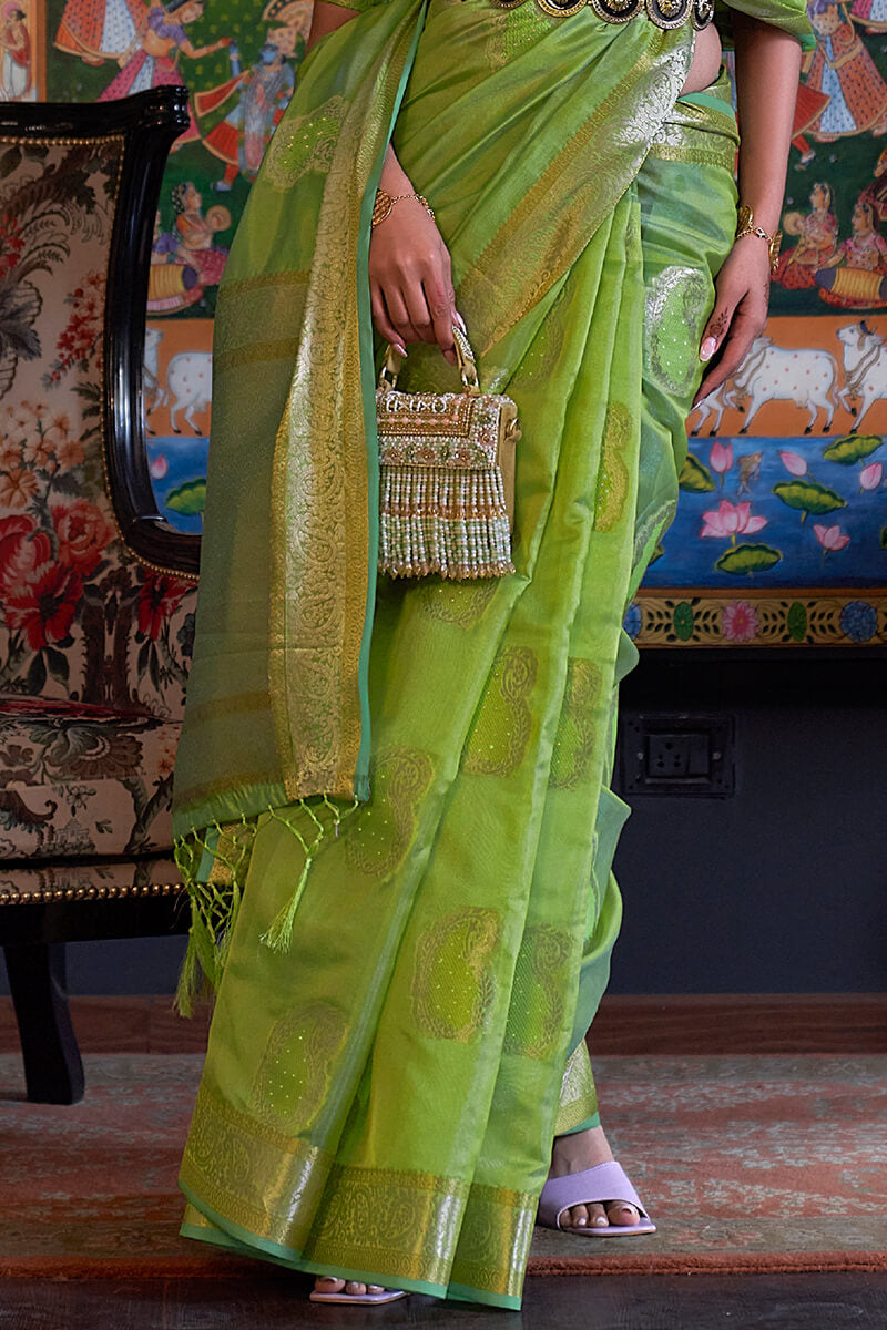 Trendy Green Zari Woven Organza Silk Saree
