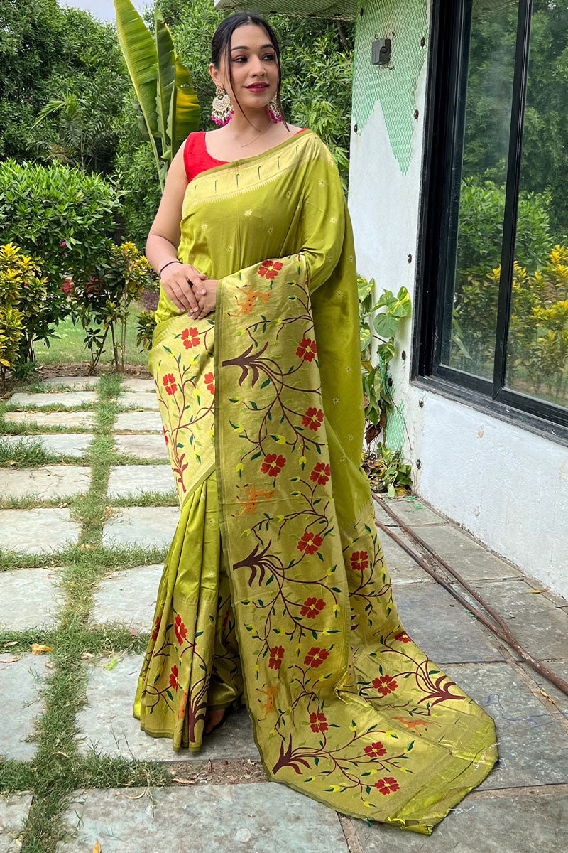 Trendy Green Zari Woven Paithani Silk Saree