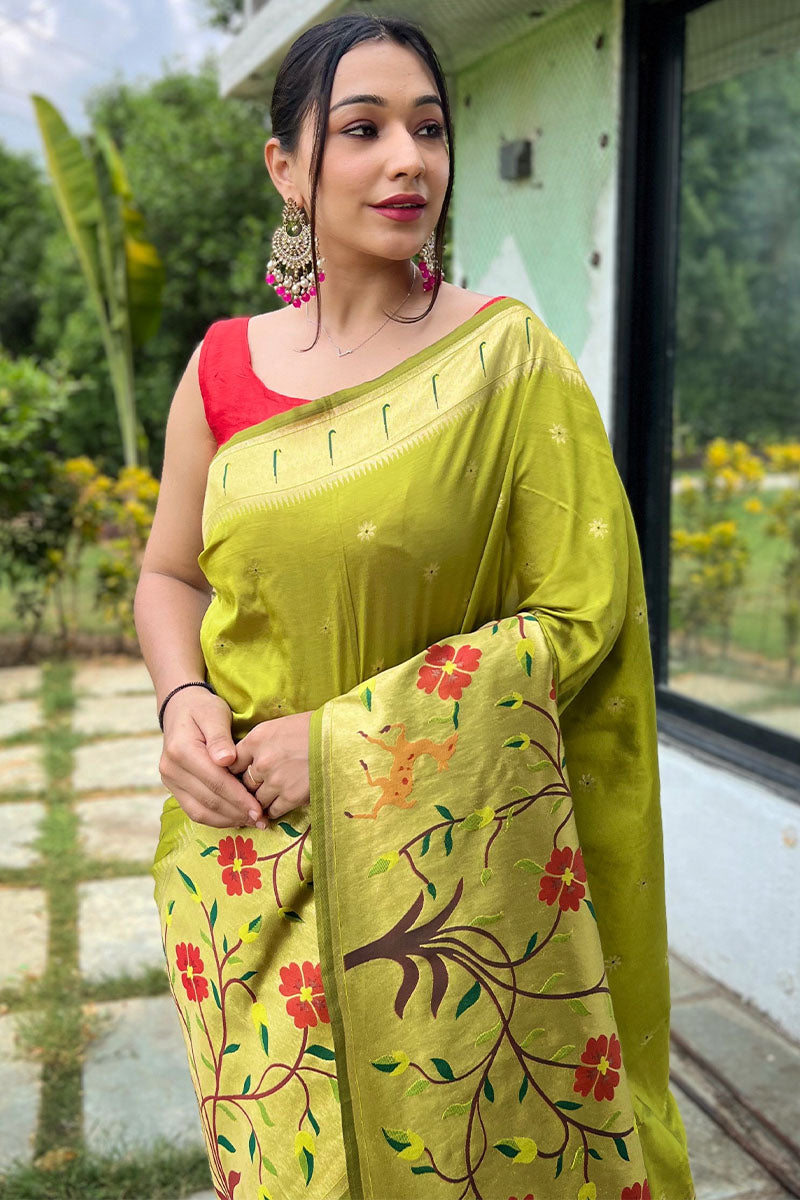 Trendy Green Zari Woven Paithani Silk Saree