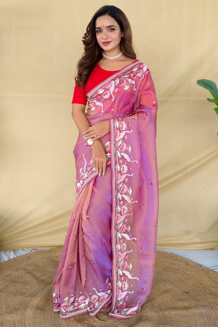 Trendy Pink Embroiedery Work Two Tone Silk Saree