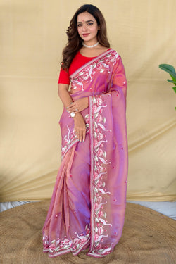 Trendy Pink Embroiedery Work Two Tone Silk Saree