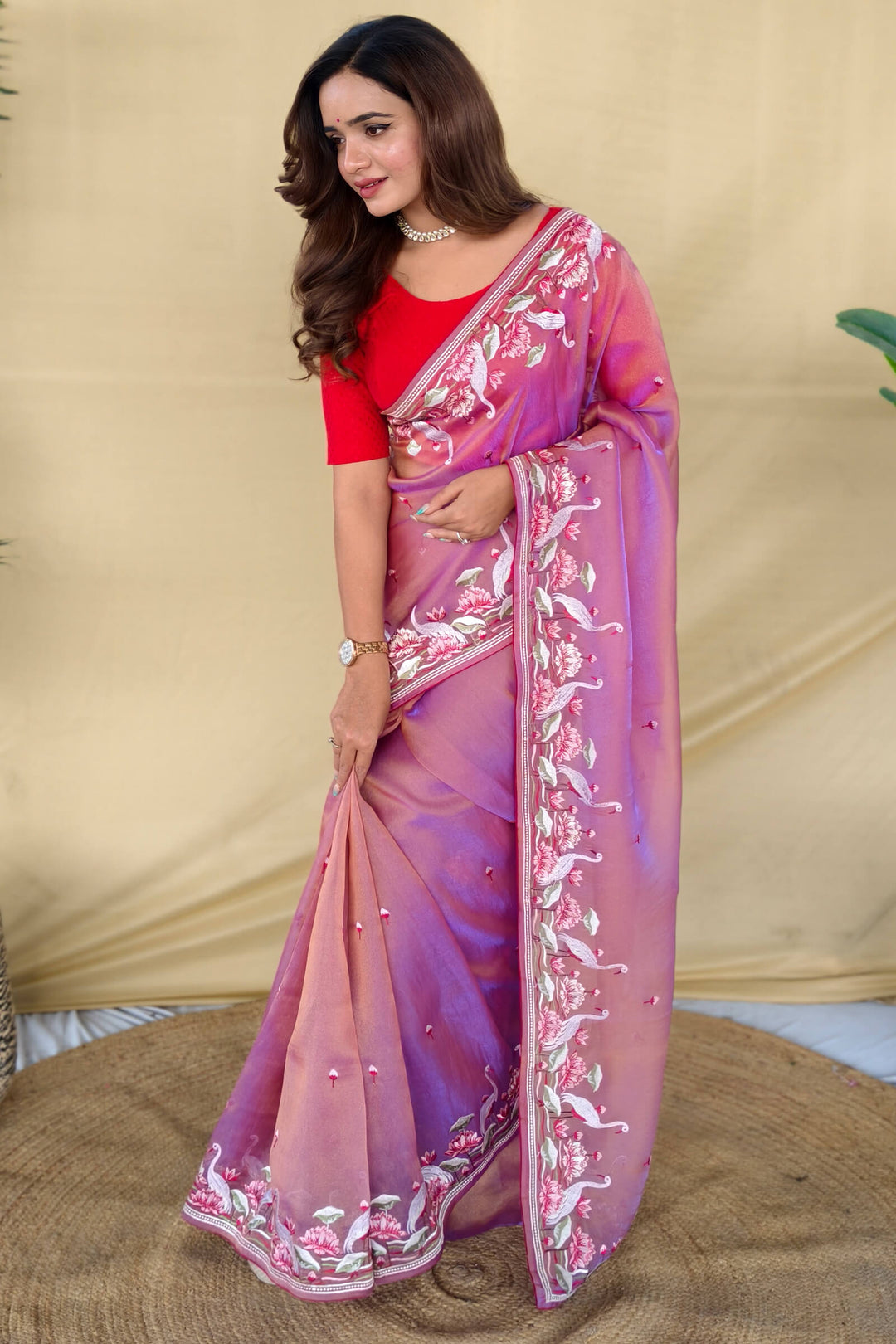 Trendy Pink Embroiedery Work Two Tone Silk Saree