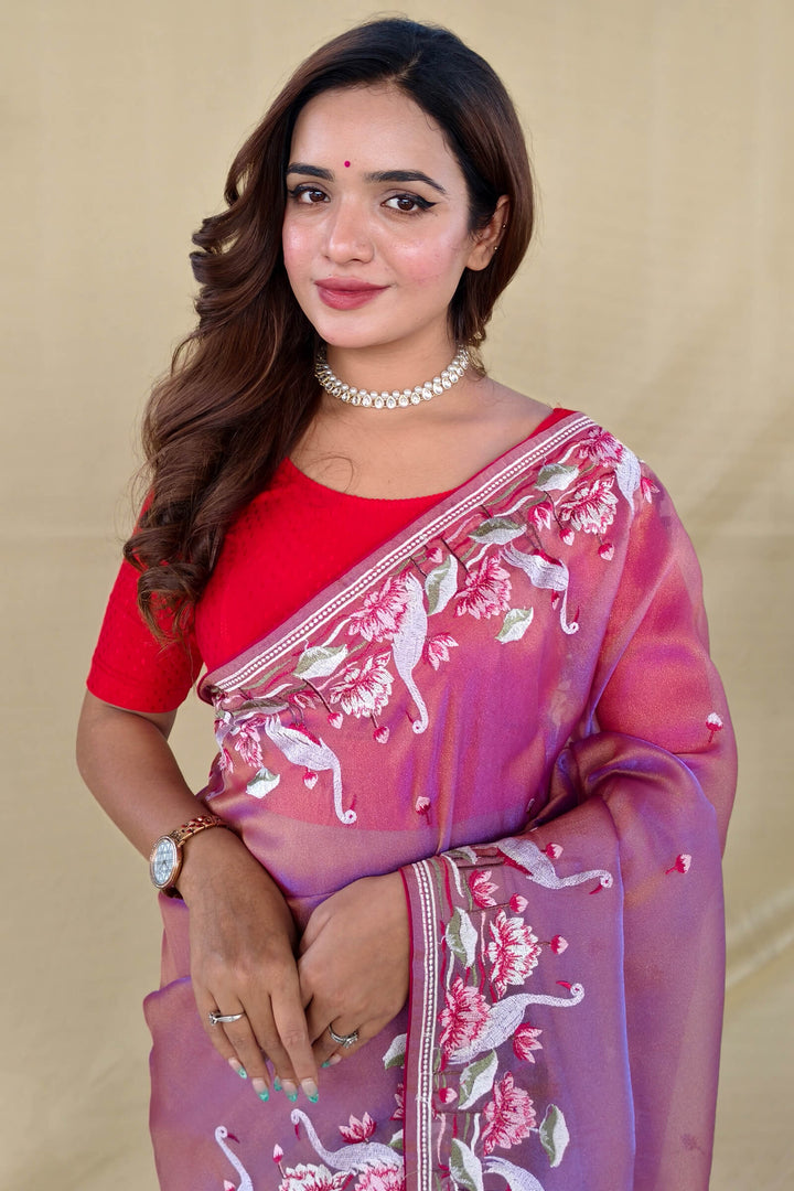 Trendy Pink Embroiedery Work Two Tone Silk Saree