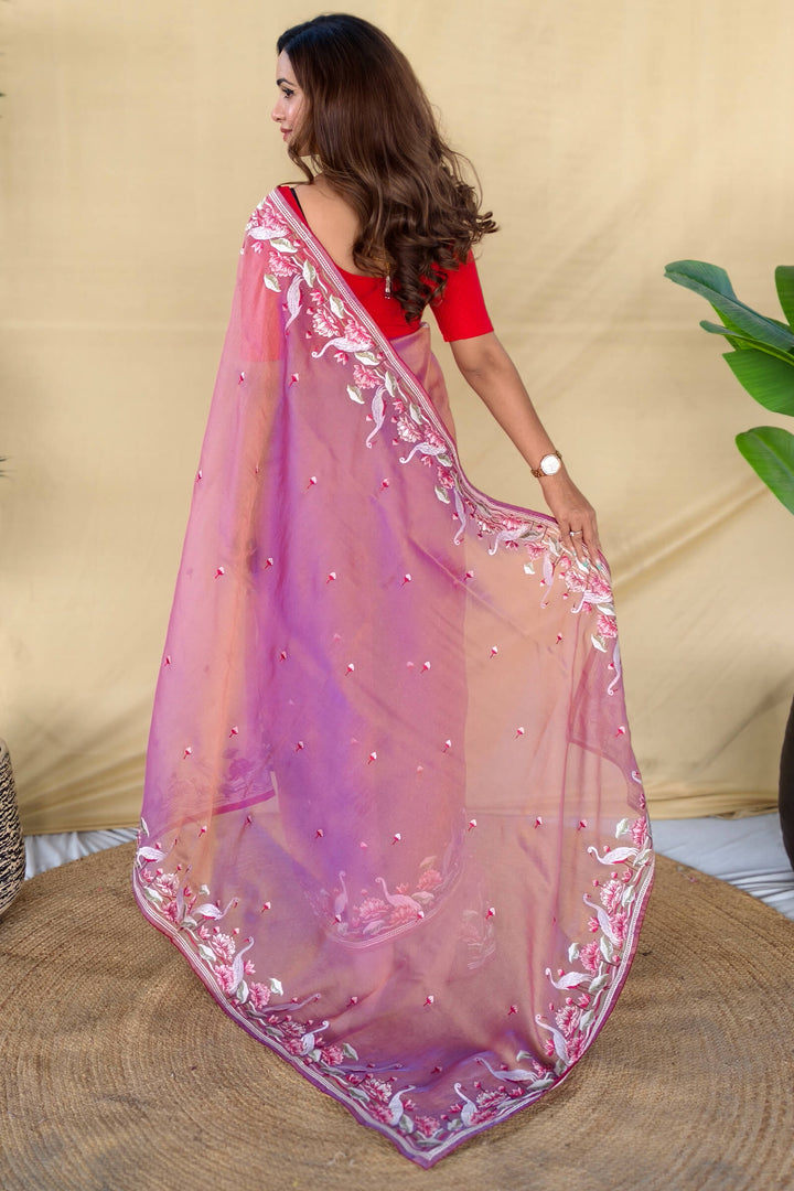 Trendy Pink Embroiedery Work Two Tone Silk Saree