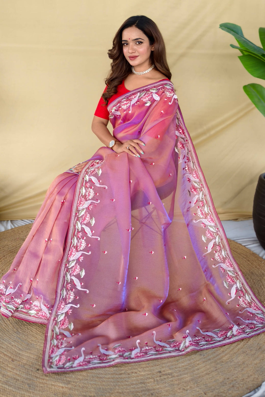 Trendy Pink Embroiedery Work Two Tone Silk Saree