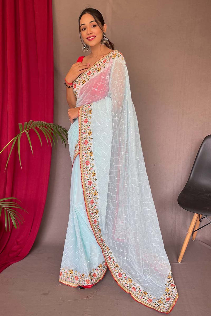 Tropical Blue Embroidered Sequence Work Georgette Saree