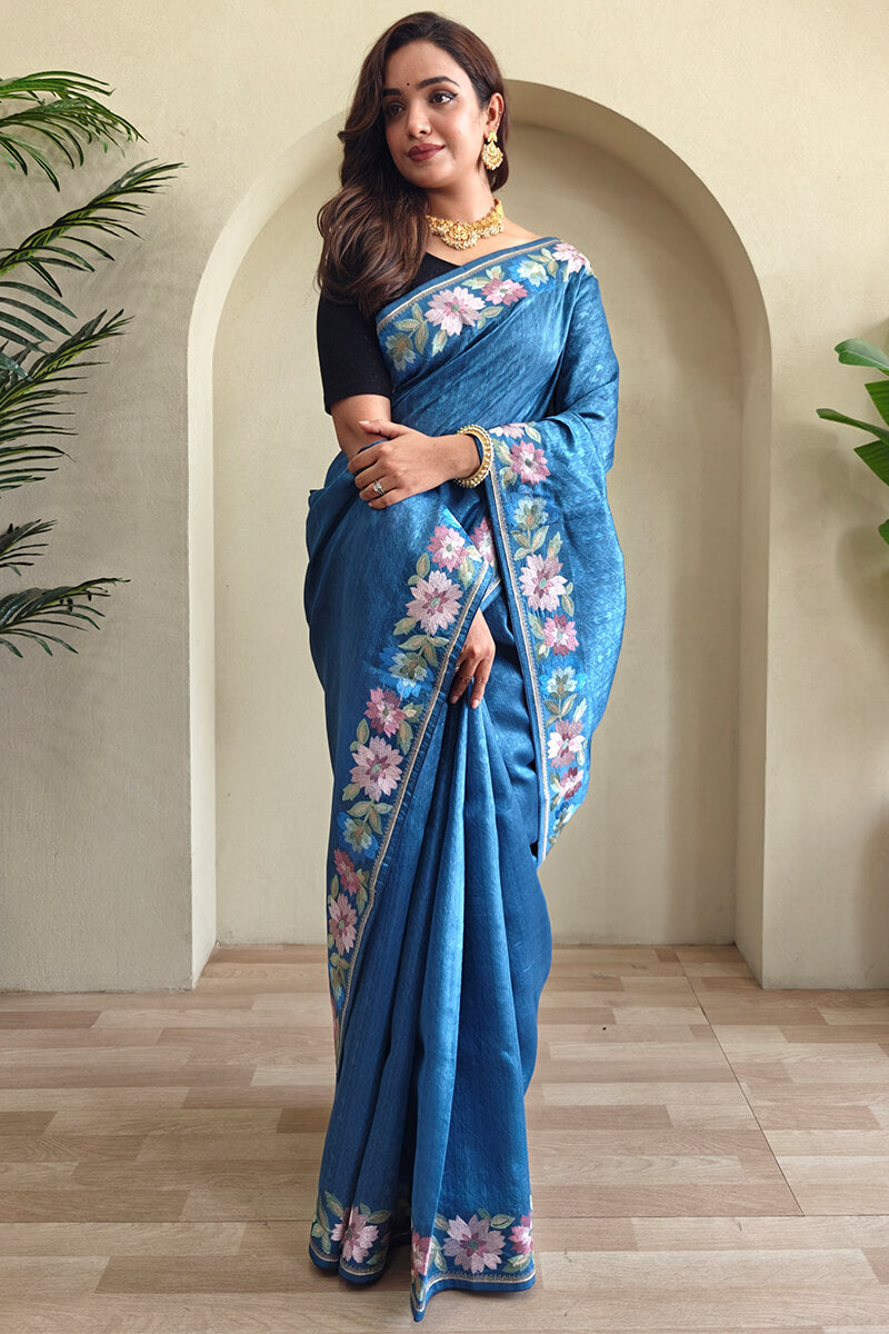 Tufts Blue Contrast Color Embroidered Tussar Silk Saree