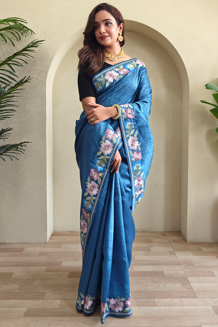 Tufts Blue Contrast Color Embroidered Tussar Silk Saree