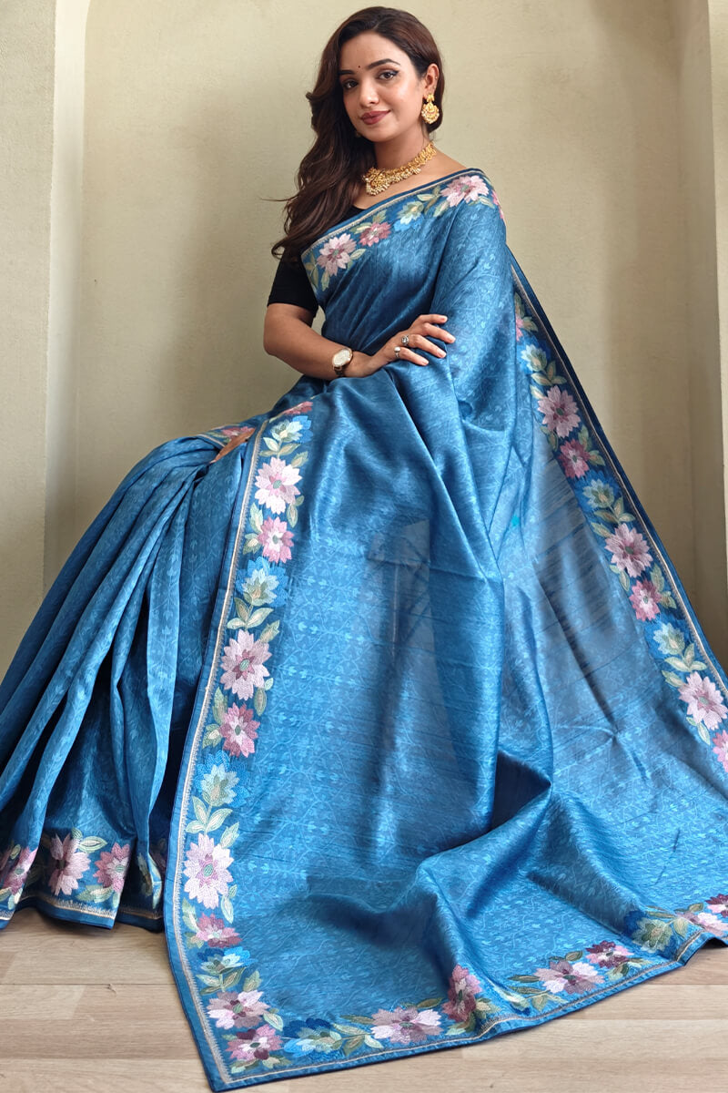 Tufts Blue Contrast Color Embroidered Tussar Silk Saree