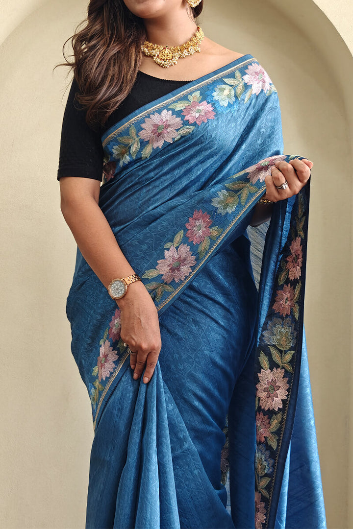 Tufts Blue Contrast Color Embroidered Tussar Silk Saree
