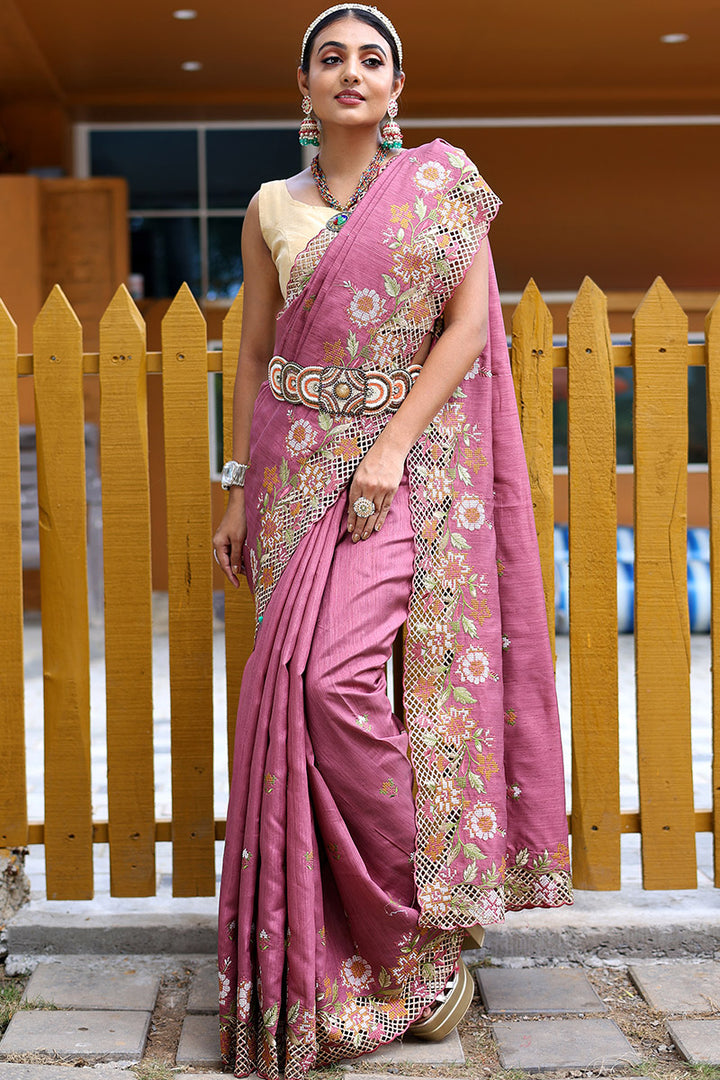 Tulip Pink Embroidered Work Designer Saree