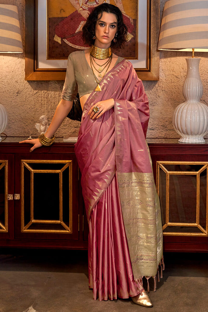 Tulip Pink Handloom Banarasi Tussar Silk Saree