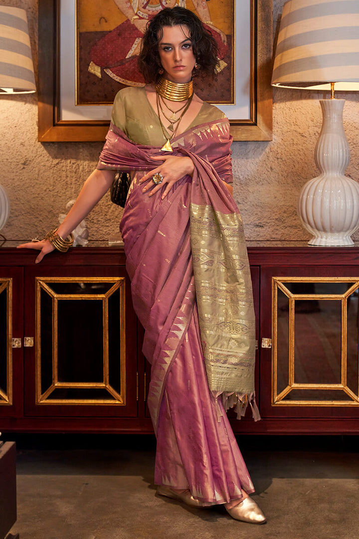 Tulip Pink Handloom Banarasi Tussar Silk Saree