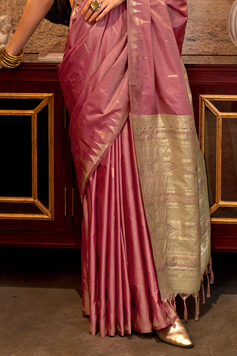 Tulip Pink Handloom Banarasi Tussar Silk Saree